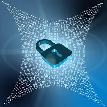 Binary code in shaped surface on blue background - closed padlock Stock Illustration