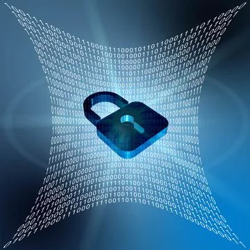 Binary code in shaped surface on blue background - closed padlock Illustrazione stock