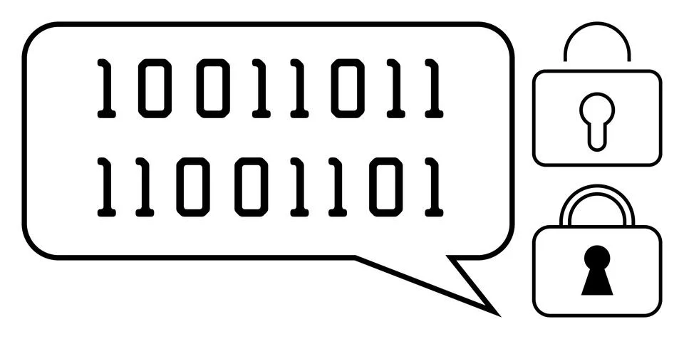 Binary code in a speech bubble alongside a padlock and closed lock symbolizes Stockillustratie