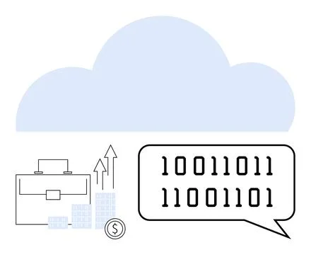 Binary code in speech bubble, briefcase, bar chart with arrow and coin under  Stock-Illustration