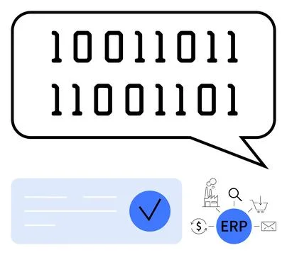 Binary Code in Speech Bubble with Business Icons and ERP Symbol Stock Illustration