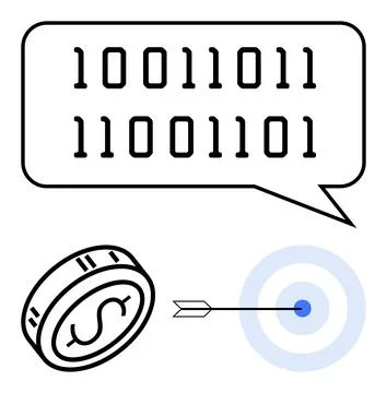 Binary Code in Speech Bubble with Coin and Arrow Hitting Center of Target Illustrazione stock