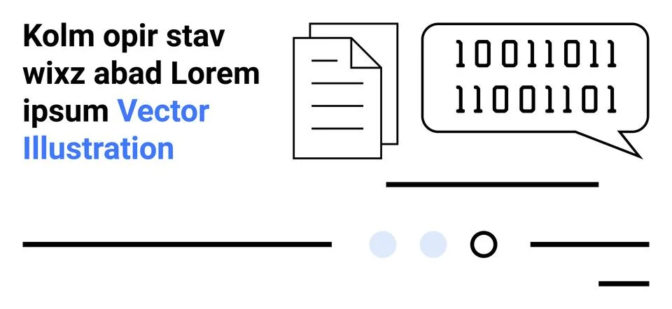 Binary code speech bubble, document icon, placeholder text, lines, circles, l Stock Illustration
