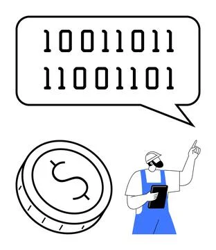Binary Code Speech Bubble with Dollar Coin and Worker Holding Tablet, Blue .. 스톡 일러스트
