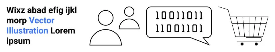 Binary Code in Speech Bubble Next to Shopping Cart and Simplified Human Figur Stock Illustration
