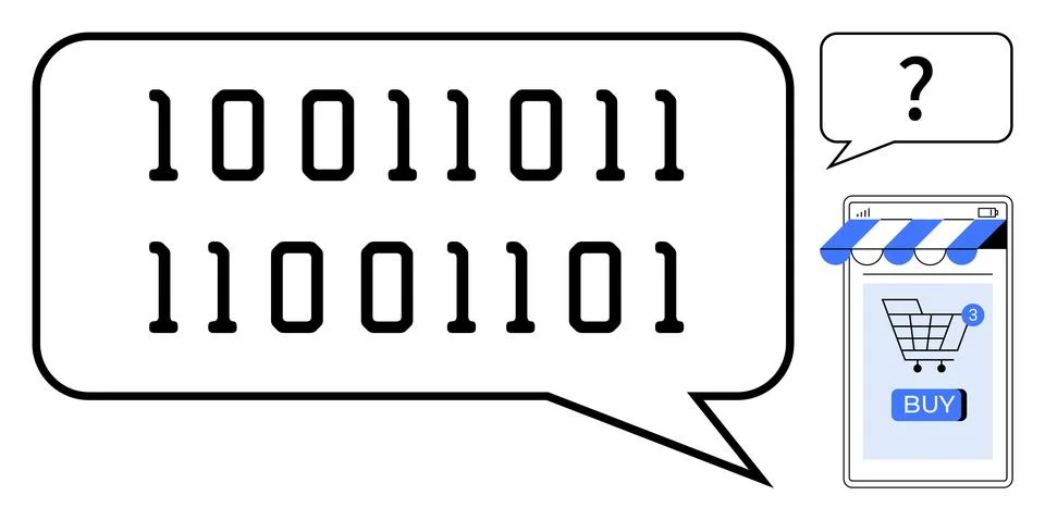 Binary Code in Speech Bubble with Online Shopping Cart on Mobile Device Stock Illustration