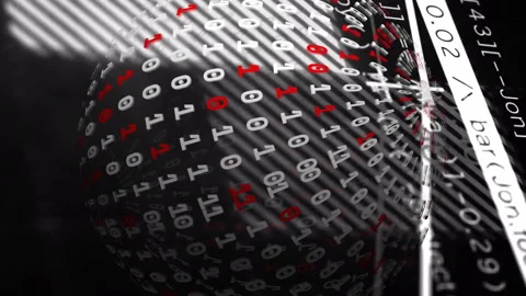 Binary code sphere and data processing animation over black background with Stock Footage 313369996