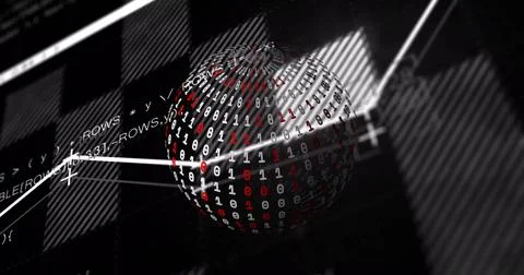 Binary code sphere and data processing image over black background with graphs 写真素材