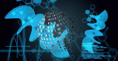 Binary code sphere and molecular structures, scientific data processing image 写真素材