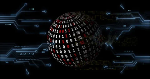 Binary code sphere with digital circuits and data processing animation Video stock 306819648