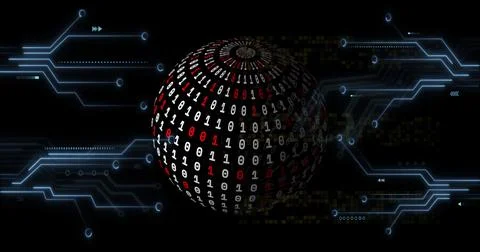 Binary code sphere with digital circuits and data processing image Stock Illustration