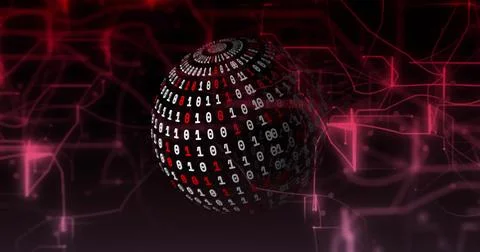 Binary code sphere rotating over red digital network image 스톡 일러스트