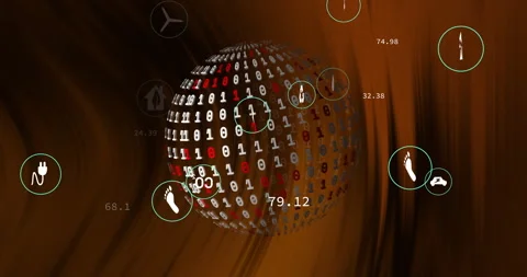 Binary code sphere with various icons and numbers, data processing animation Video stock 305527061