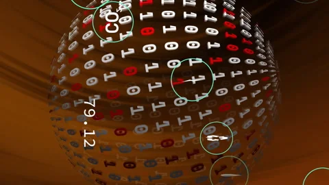 Binary code sphere with various icons and numbers, data processing animation Stock Footage 313095551