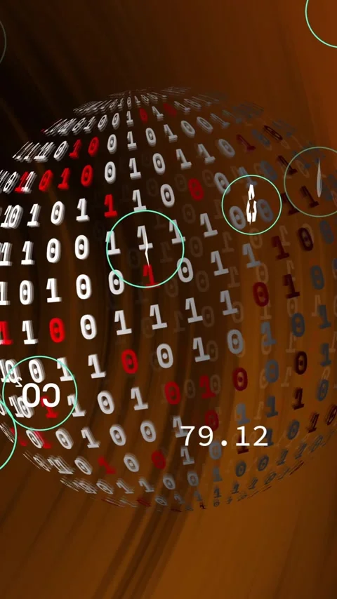 Binary code sphere with various icons and numbers, data processing animation Stock Footage 320093926