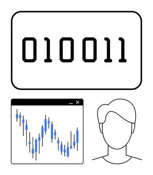 Binary code, stock market graph with blue candlestick chart in browser window Stockillustratie