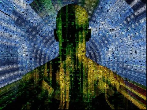 Binary code streaming Binary code streaming with man. Image composed entir... 스톡 사진