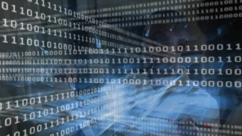 Binary code streaming on desk, data analyst typing, scrolling, reviewing results Stock Footage 317128759