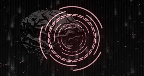 Binary code streaming as digital brain model emerging and segmented rings Stock Footage 317264790