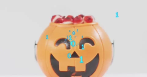 Binary code streaming onto eyeball-filled pumpkin bucket, camera pulling back to Stock Footage 317772735