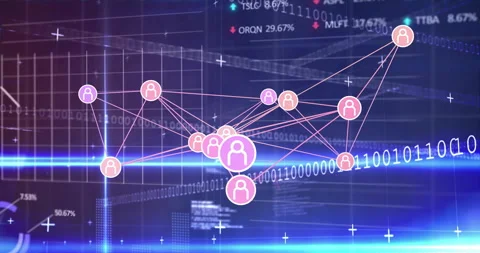 Binary code streaming opening UI, network fading pulsing nodes on line graph Stock Footage 313552568