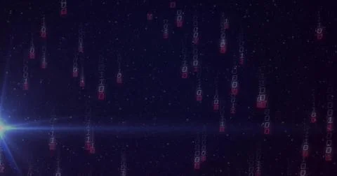 Binary code streams cascading in space, with blue lens flare, starfield and 스톡 사진
