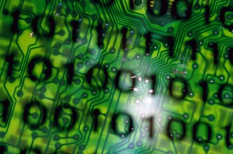 Binary code superimposed on a circuit board 写真素材