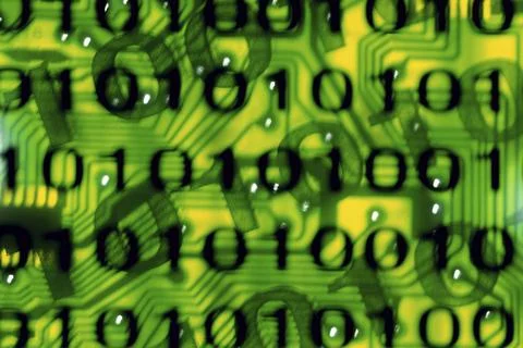 Binary code superimposed on a circuit board 스톡 사진
