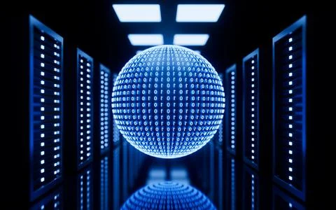 Binary code on a surface of a planet in the machine room, Global digital co.. Illustration