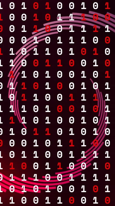 Binary code with swirling red and white lines, data processing animation Video stock 342812944
