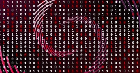 Binary code with swirling red and white lines, data processing image Stock Photos