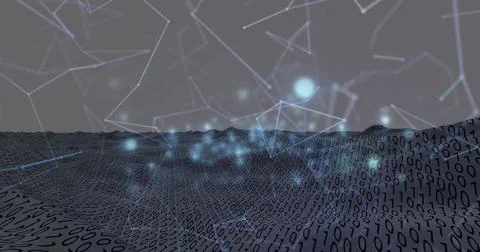 Binary code terrain undulating in virtual data realm, with glowing network nodes 스톡 사진