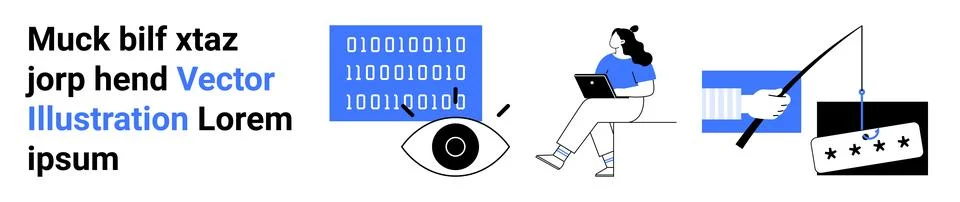 Binary code, text, eye, laptop-working woman, and fishing rod capturing revie Stock Illustration