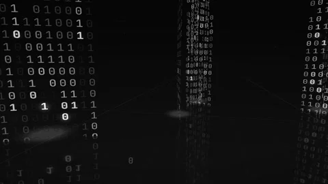 Binary code towers rising out of reflective floor, black and white digital data 動画素材 347358737