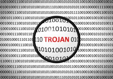 Binary code with TROJAN VIRUS and magnifying lens on white background Stock Illustration