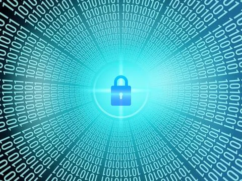 Binary code tunnel background with glowing lock icon cybersecurity Illustrazione stock