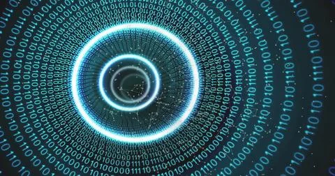 Binary code tunnel image with glowing concentric circles Stock Photos