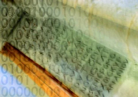 Binary code typography overlaying ancient writing, montage Foto stock