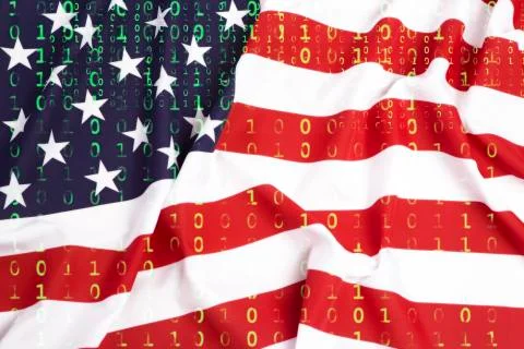 Binary code with US flag, data protection concept Stock Photos