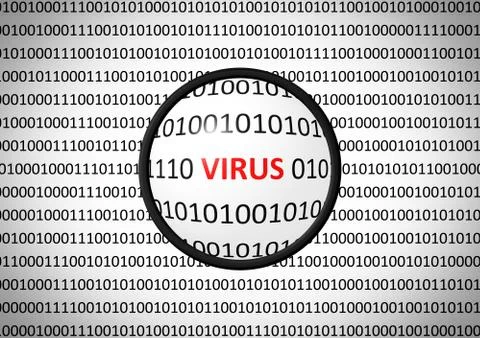 Binary code with VIRUS and magnifying lens on white background 库存插图