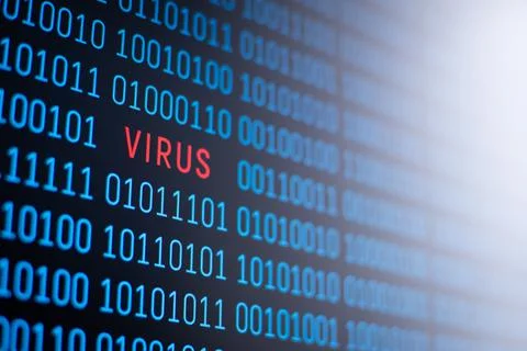 Binary code with virus on computer screen Foto stock