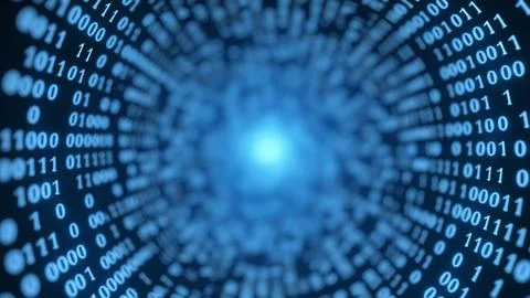 Binary Code Vortex with Bright Blue Letters in Radial Center Illustrazione stock