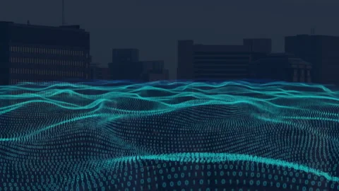 Binary code waves animating over cityscape at night with glowing lights Stock Footage 305074360