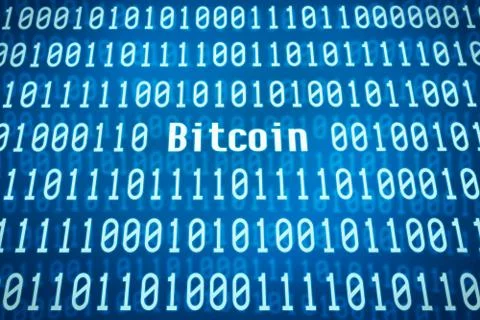 Binary code with the word Bitcoin in the center Illustrazione stock