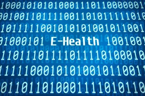 Binary code with the word E-Health in the center Stock Photos