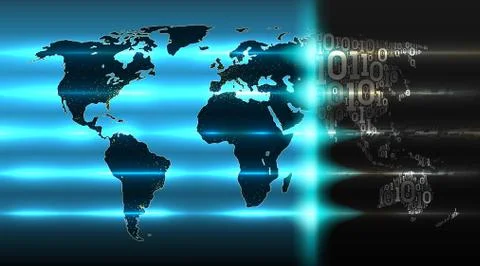 Binary code world map with a background of abstract hardware. Digital world Stock Illustration