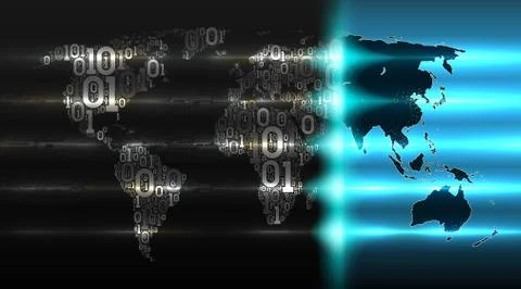 Binary code world map with with a background of abstract circuit boards Stock Illustration
