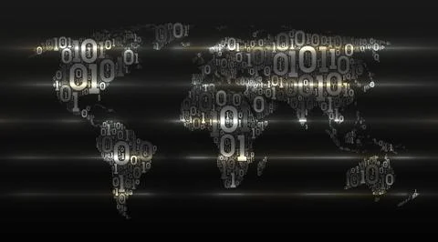 Binary code world map with continents on dark cellular background Stock Illustration