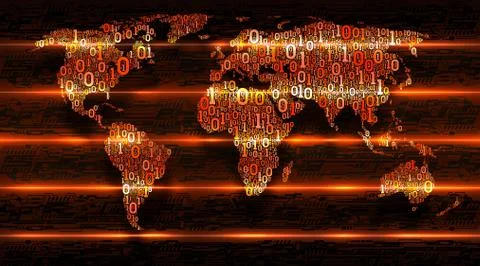 Binary code world map on dark background digital transformation of the world Stock Illustration