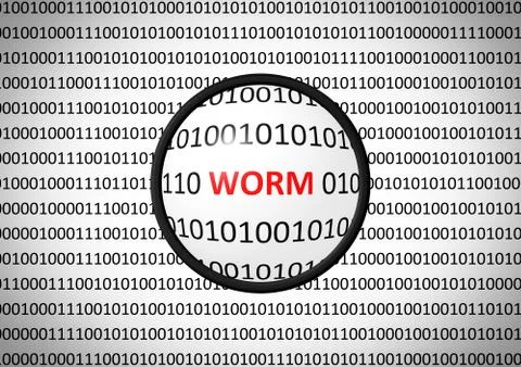 Binary code with WORM and magnifying lens on white background 库存插图